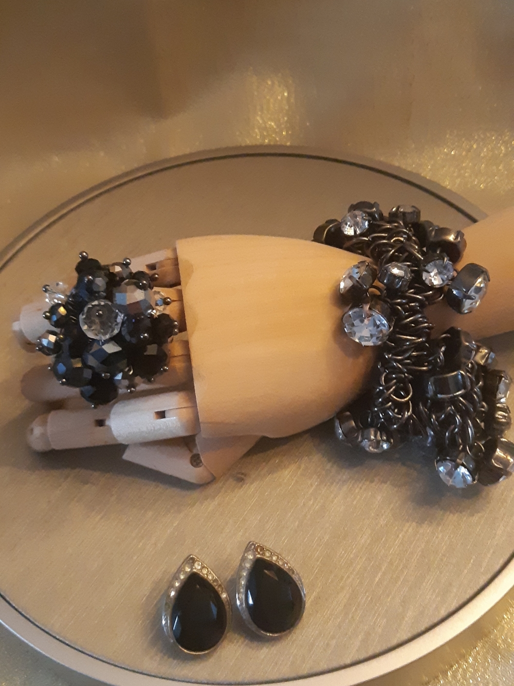 Black Teardrop Earrings & Chunky Crystal Bracelet With Ring Set